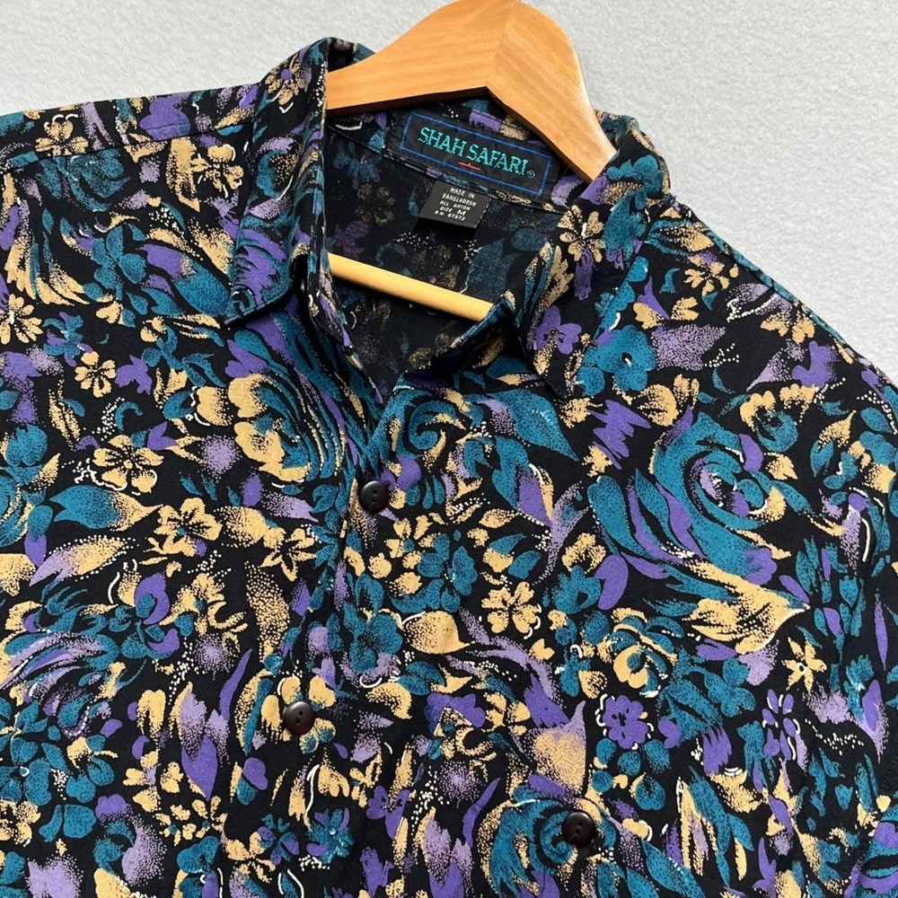Vintage 90s Shah Safari Rayon Shirt M Floral AOP Teal Purple Grunge 21x31